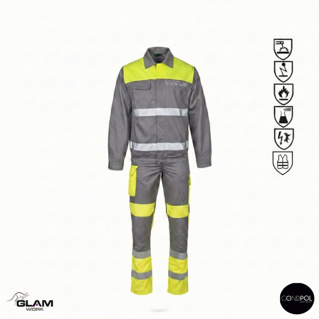 Ubranie ochronne multifunkcyjne odblask ORION(żółto szare certyfikat) spodnie ogrodniczki lub na pasku-produkt Gondpol