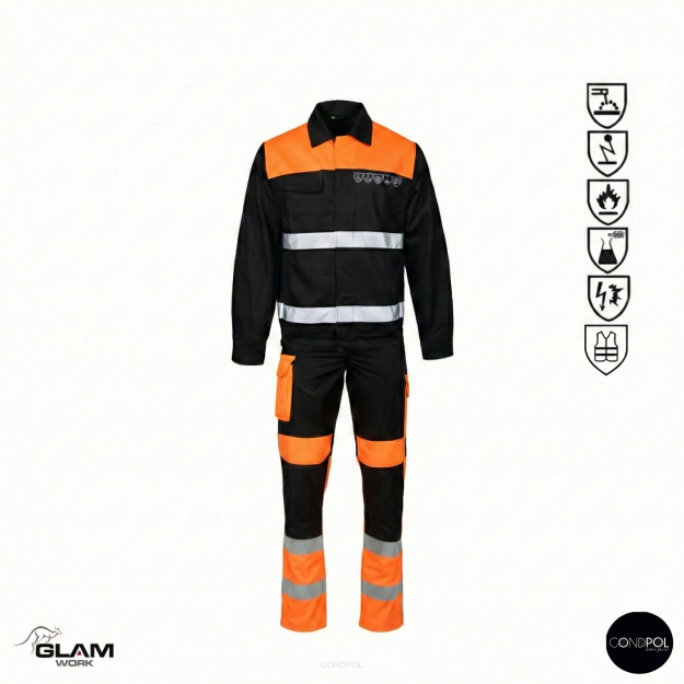 Ubranie ochronne multifunkcyjne odblask ORION(czarno-pomarańczowe certyfikat) spodnie ogrodniczki lub na pasku-produkt Gondpol