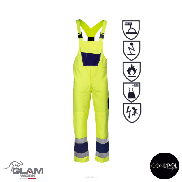 Spodnie ochronne multifunkcyjne ogrodniczki ORION(żółto-granatowe certyfikat)produkt Gondpol