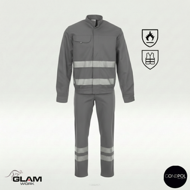 Ubranie ochronne trudnopalne szare z odblaskiem (bluza spodnie ogrodniczki lub pasek)produkt Gondpol