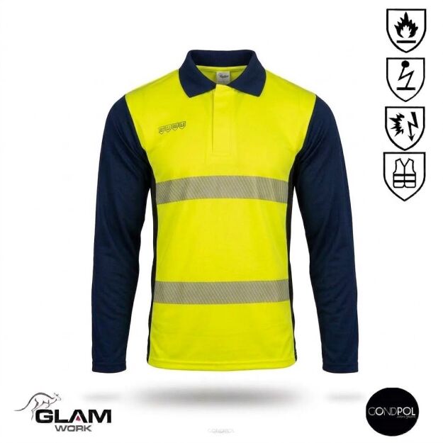 Koszulka Polo fluo-navy antystatyczna trudnopalna z odblaskiem