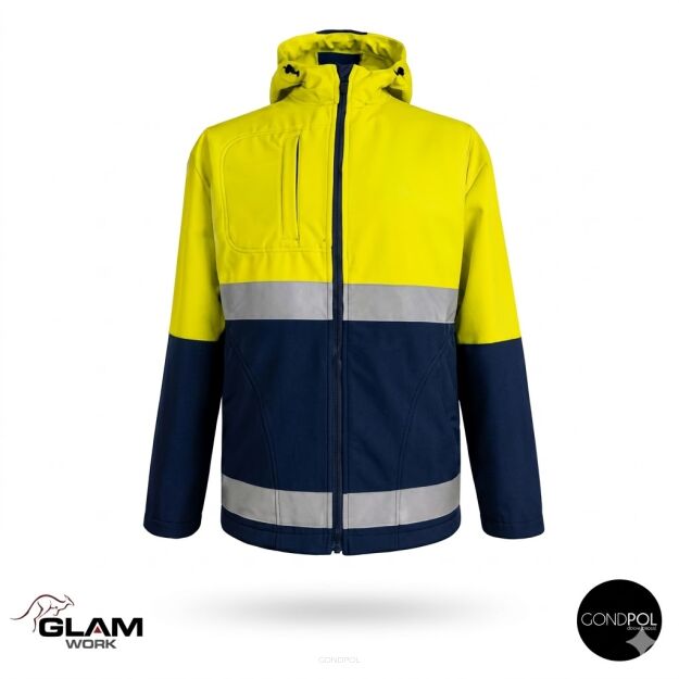 Kurtka softshell odblaskowa DUO z kapturem żółto-granatowa – Gondpol