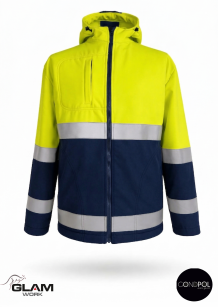 Kurtka softshell odblaskowa DUO z kapturem żółto-granatowa – Gondpol