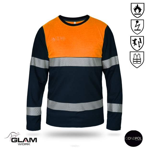 Koszulka ochronna trudnopalna antystatyczna odblaskowa długi rękaw(granatowa pomarańczowa)-produkt Gondpol